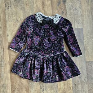 Vintage Baby Togs Girl 2T  Velvet Dress Black Purple Pink Floral Velvet Lace